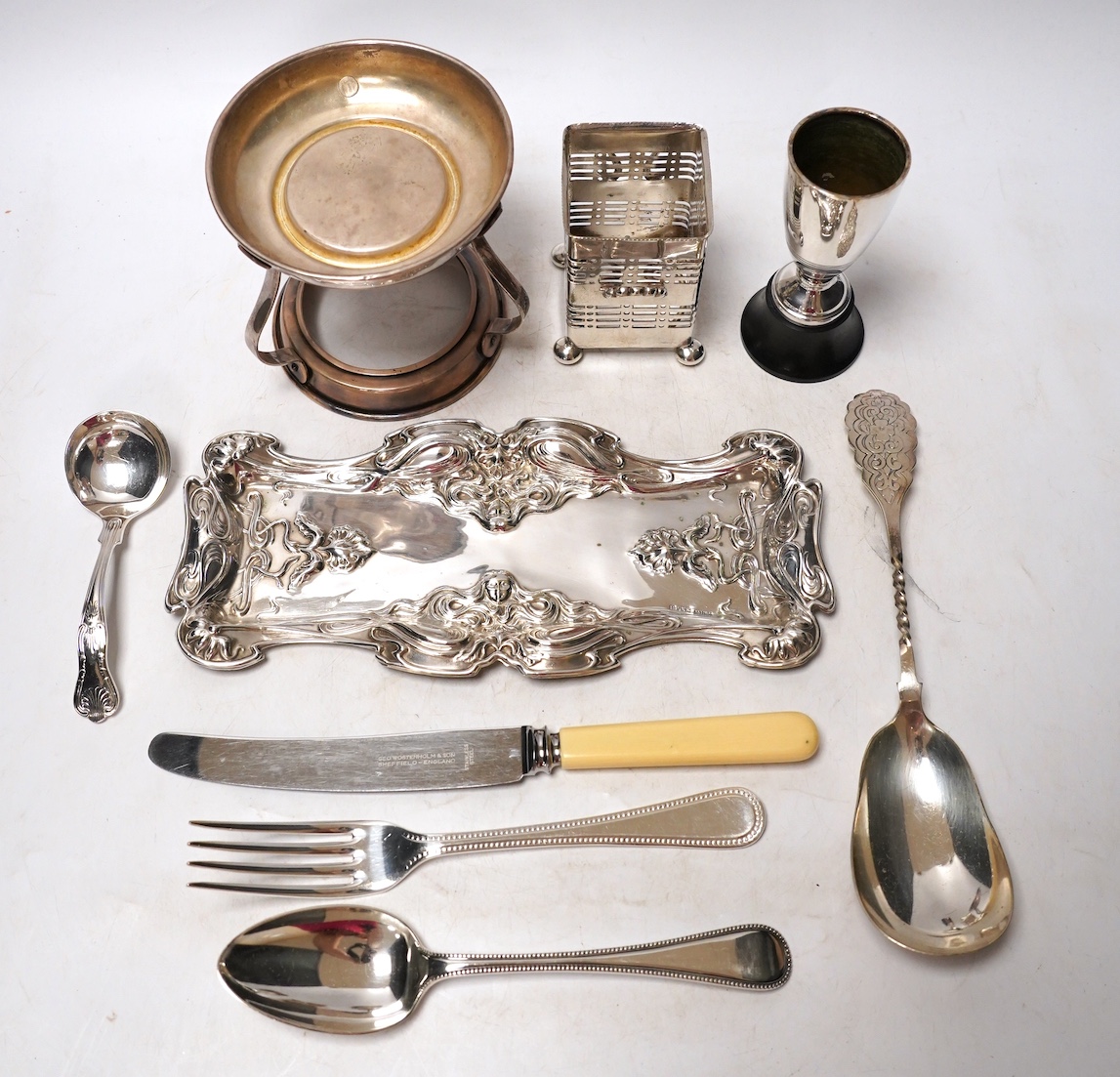 Assorted plated wares including a teapot with ebonised handle and an Art Nouveau style dish